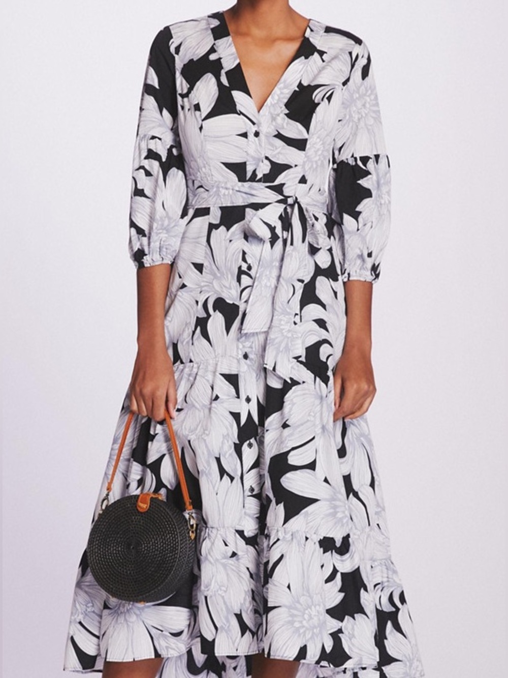 Anthropologie Maeve Black & White Floral Wrap Midi Dress | Size 6